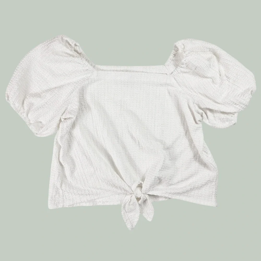 LOFT White Textured Square Neck Back Tie Puff Sleeve Blouse Women's Size Large